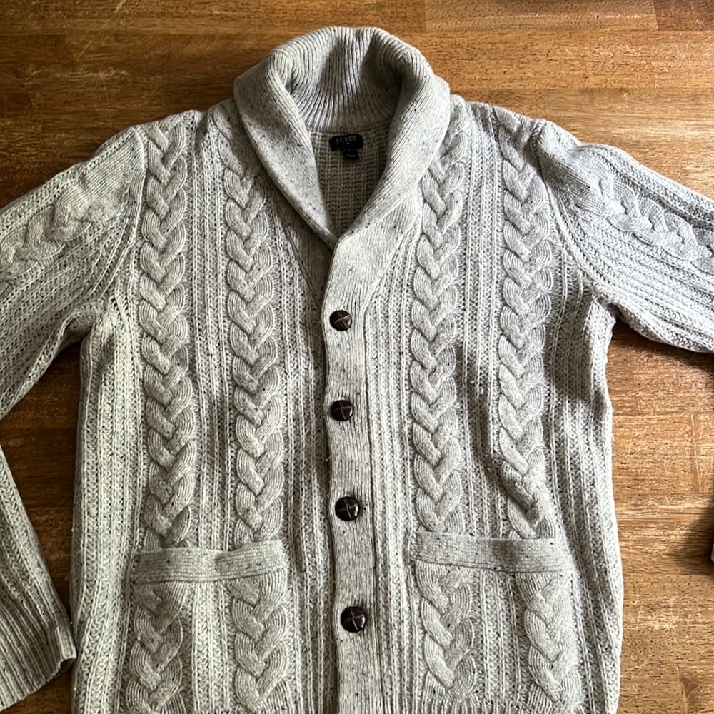 J. Crew Factory cabled lambswool/nylon cardigan, size small, EUC